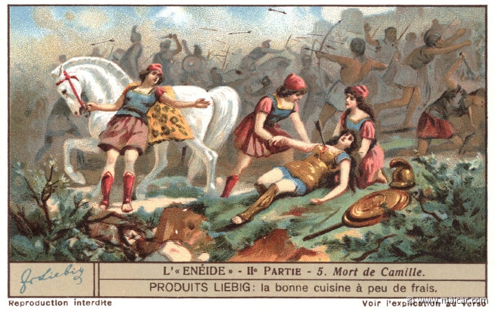 liebaen2.5.jpg - liebaen2.5: Camilla, a woman-warrior ally of Turnus, was killed in battle by Arruns, an Etruscan ally of Aeneas. Liebig sets.