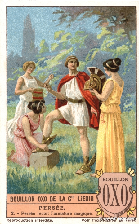 liebper02.jpg - liebper02: The NYMPHS give Perseus a wallet, winged sandals, and the helmet of Hades, which makes invisible he who wears it. Liebig sets.