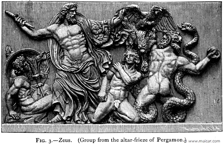 mur003.jpg - mur003: Zeus fighting the Giants. Altar of Zeus, Pergamon, ca. 180 BC.Alexander S. Murray, Manual of Mythology (1898).
