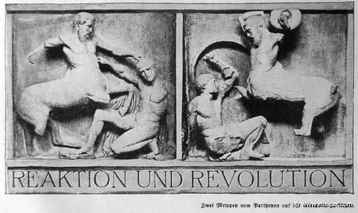 pflugk255.jpg - pflugk255: Zwei Metopen vom Parthenon auf der Akropolis zu Athen. J.v.Pflugk-Harttung, Weltgeshichte, Band 1: Altertum ( Verlag von Ullstein & Co, Berlin, 1910).