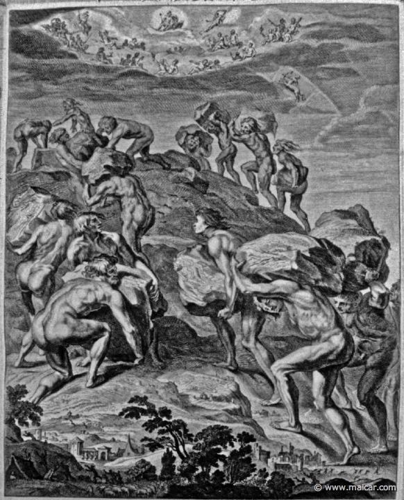 3001detail.jpg - 3001 (detail): Les géants ou les Titans entament les montagnes pour escalader le ciel.Bernard Picart (1673-1733), Fabeln der Alten (Musen-Tempel), 1754.
