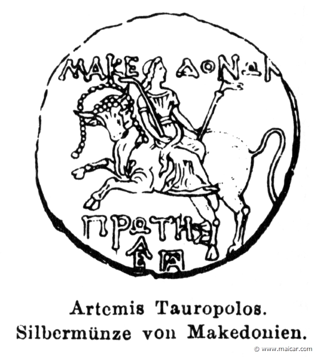 RI.1-0568.jpg - RI.1-0568: Artemis Tauropolos. Silver coin from Macedonia.Wilhelm Heinrich Roscher (Göttingen, 1845- Dresden, 1923), Ausfürliches Lexikon der griechisches und römisches Mythologie, 1884.