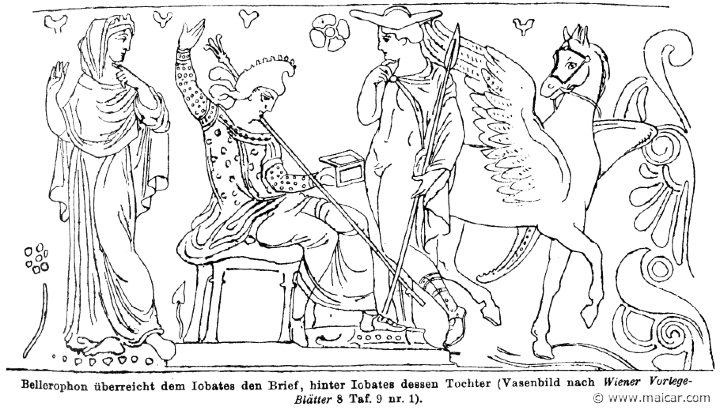 RII.1-0281.jpg - RII.1-0281: Bellerophon (with Pegasus) gives Iobates a letter. Iobates' daughter stands behind him.Wilhelm Heinrich Roscher (Göttingen, 1845- Dresden, 1923), Ausfürliches Lexikon der griechisches und römisches Mythologie, 1884.