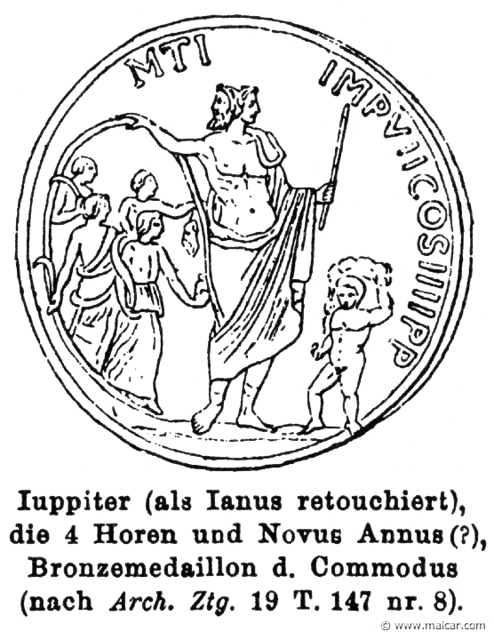 RIII.1-0474.jpg - RIII.1-0474: Jupiter as Janus, The Four Hours, and Novus Annus (?).Wilhelm Heinrich Roscher (Göttingen, 1845- Dresden, 1923), Ausfürliches Lexikon der griechisches und römisches Mythologie, 1884.
