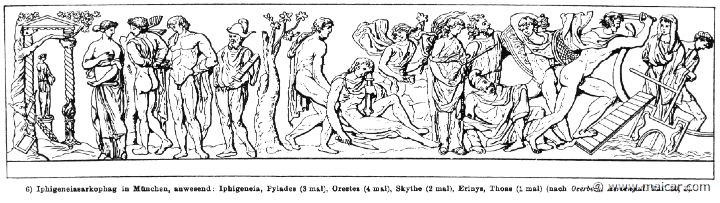 RIII.1-1002.jpg - RIII.1-1002: Iphigenia sarcophagus. Present: Iphigenia, Pylades (three times), Orestes (four times), Scythes (twice), Erinys, Thoas.Wilhelm Heinrich Roscher (Göttingen, 1845- Dresden, 1923), Ausfürliches Lexikon der griechisches und römisches Mythologie, 1884.