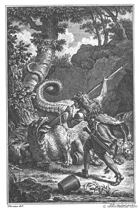 villenave01081.jpg - 01081: Cadmus killing the Dragon of Ares. "But Cadmus follows him up and presses the planted point into his throat; until at last an oak-tree stays his backward course and neck and tree are pierced together." (Ov. Met. 3.90).Guillaume T. de Villenave, Les Métamorphoses  d'Ovide (Paris, Didot 1806–07). Engravings after originals by Jean-Jacques François Le Barbier (1739–1826), Nicolas André Monsiau (1754–1837), and Jean-Michel Moreau (1741–1814).