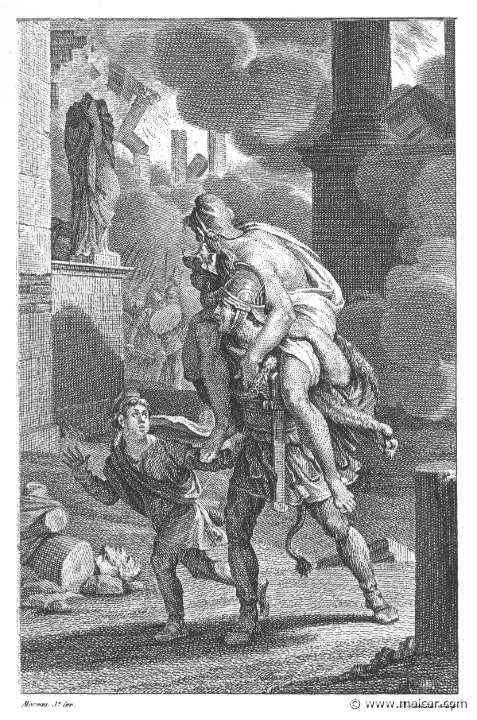villenave02177.jpg - 02177: Aeneas leaving Troy, with father and son. "The heroic son of Cytherea bore away upon his shoulders her sacred images and, another sacred thing, his father, a venerable burden ." (Ov. Met. 13.625).Guillaume T. de Villenave, Les Métamorphoses  d'Ovide (Paris, Didot 1806–07). Engravings after originals by Jean-Jacques François Le Barbier (1739–1826), Nicolas André Monsiau (1754–1837), and Jean-Michel Moreau (1741–1814).