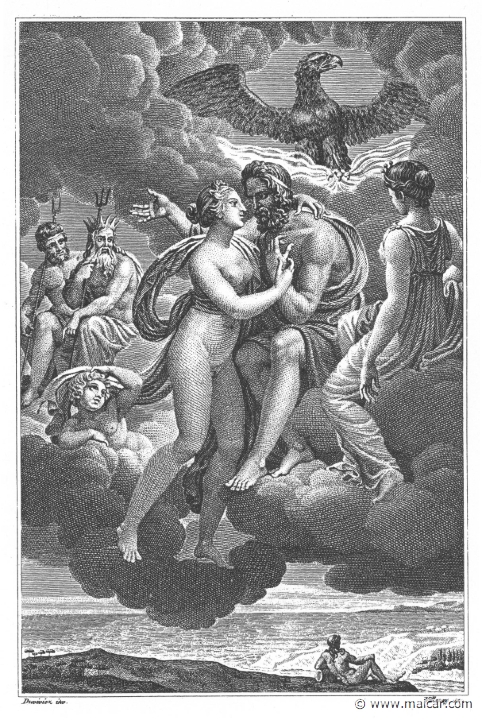 villenave02215.jpg - 02215: Aphrodite and Zeus. "Venus had approached the heavenly gods and, throwing her arms around her father's neck, had said ..." (Ov. Met. 14.585).Guillaume T. de Villenave, Les Métamorphoses  d'Ovide (Paris, Didot 1806–07). Engravings after originals by Jean-Jacques François Le Barbier (1739–1826), Nicolas André Monsiau (1754–1837), and Jean-Michel Moreau (1741–1814).