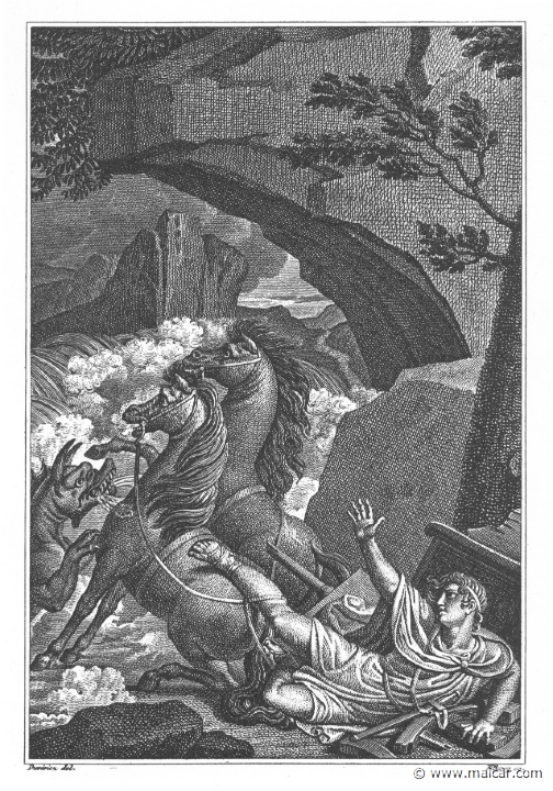 villenave02249.jpg - 02249: Death of Hippolytus. "I was thrown from my car ... the reins held my legs fast." (Ov. Met. 15.525).Guillaume T. de Villenave, Les Métamorphoses  d'Ovide (Paris, Didot 1806–07). Engravings after originals by Jean-Jacques François Le Barbier (1739–1826), Nicolas André Monsiau (1754–1837), and Jean-Michel Moreau (1741–1814).