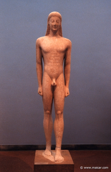 6130.jpg - 6130: Statue of a Kouros. Naxian marble. Found in Melos. A typical island work, exhibiting slenderness, delicacy, and grace of Cycladic art. About 550 BC. National Archaeological Museum, Athens.