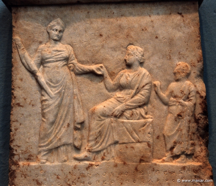 6513.jpg - 6513: Inscribed stele. Demeter, Kore, and a suppliant. 4C BC. Archaeological Museum of Eleusis.