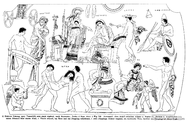 RIII.2-2961.jpg - RIII.2-2961: The ransom of Hector. Above: Nestor, Athena, Hermes, Antilochus. Below: Eros, the body of Hector, Priam, Thetis. Wilhelm Heinrich Roscher (Göttingen, 1845- Dresden, 1923), Ausfürliches Lexikon der griechisches und römisches Mythologie, 1884.