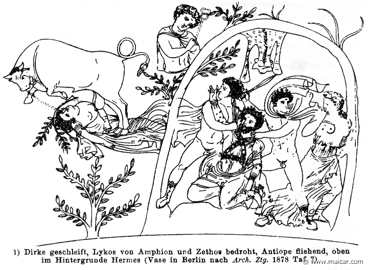 RII.2-2185.jpg - RII.2-2185: Amphion and Zethus punishing Lycus before their mother Antiope. Hermes watches the scene above. The bull is trampling Dirce. Wilhelm Heinrich Roscher (Göttingen, 1845- Dresden, 1923), Ausfürliches Lexikon der griechisches und römisches Mythologie, 1884.