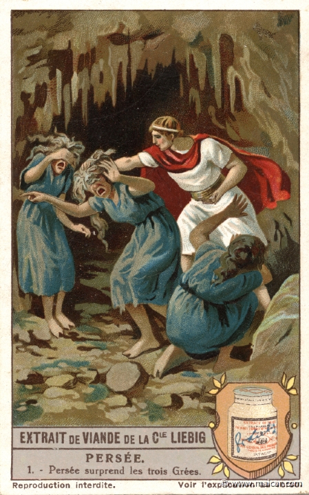 liebper01.jpg - liebper01: Perseus surprises the GRAEAE, who had but one eye and one tooth, which they passed to each other in turn. They would not tell him what he needed to know, but Perseus, by taking their tooth and eye, compelled them to show him the way to the NYMPHS. Liebig sets.