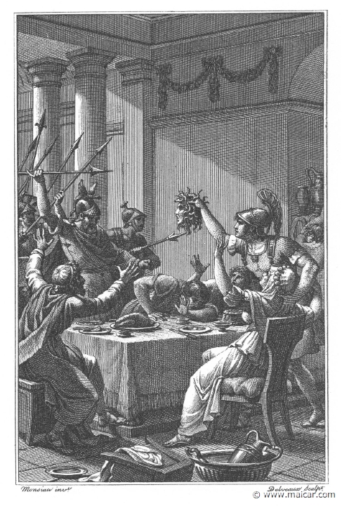 villenave01161.jpg - villenave01161: Perseus and Phineus. "'Turn away your faces, if any friend be here.' So saying, he raised on high the Gorgon's head." (Ov. Met. 5.178). Guillaume T. de Villenave, Les Métamorphoses d'Ovide (Paris, Didot 1806–07). Engravings after originals by Jean-Jacques François Le Barbier (1739–1826), Nicolas André Monsiau (1754–1837), and Jean-Michel Moreau (1741–1814).