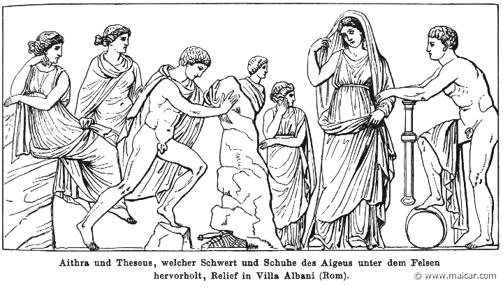 RI.1-0201.jpg - RI.1-0201: Aethra and Theseus, who turns the stone and finds his father Aegeus' sword and sandals. Wilhelm Heinrich Roscher (Göttingen, 1845- Dresden, 1923), Ausfürliches Lexikon der griechisches und römisches Mythologie, 1884.