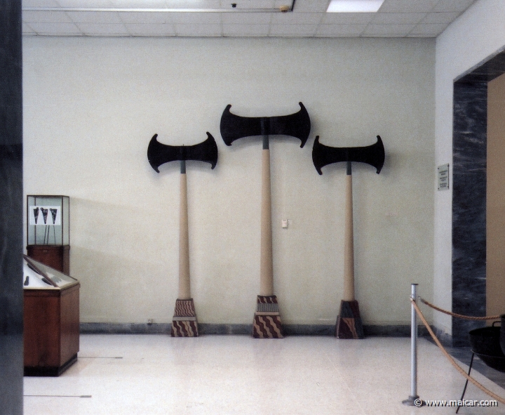 9507.jpg - 9507: Three huge bronze axes from the Minoan mansion at Nirou Chani (17th-15th C. BC). Herakleion Museum (Crete).