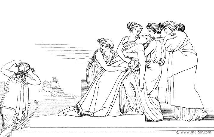 il407flax.jpg - il407flax: "But when Andromache was come to the wall and the throng of men, then on the wall she stopped and looked, and saw Hector being dragged before the city; and swift horses were dragging him ruthlessly toward the hollow ships of the Achaeans. (Hom.Il.22.460). John Flaxman (1755 – 1826).