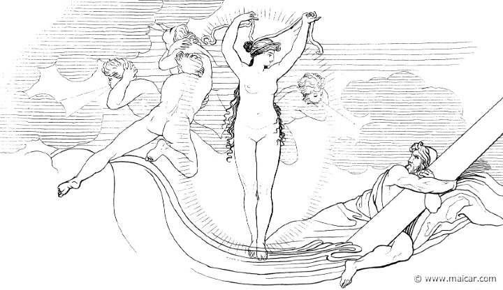 od115flax.jpg - od115flax: "But the daughter of Cadmus, Ino of the fair ankles, saw him, even Leucothea, who of old was a mortal of human speech, but now in the deeps of the sea has won a share of honor from the gods. She was touched with pity for Odysseus, as he wandered and was in sore travail, and she rose up from the deep like a sea-mew on the wing, and sat on the stoutly-bound raft, and spoke, saying..." (Hom.Od.5.335). John Flaxman (1755 – 1826).