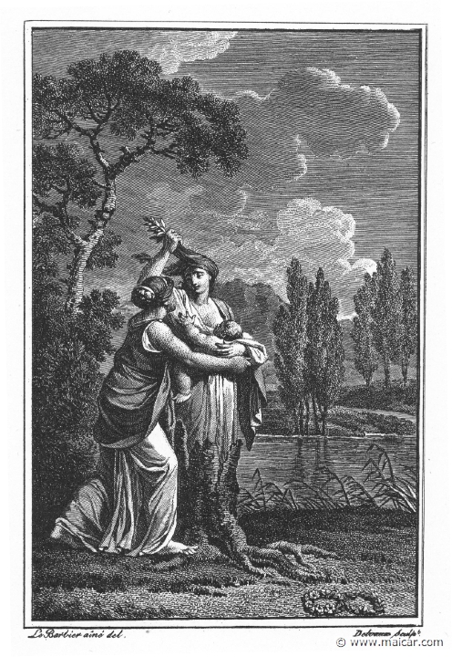 villenave02033.jpg - 02033: Dryope turns into a tree. "She strove to tear her hair with her hands, but only filled her hands with leaves." (Ov. Met. 9.354).Guillaume T. de Villenave, Les Métamorphoses  d'Ovide (Paris, Didot 1806–07). Engravings after originals by Jean-Jacques François Le Barbier (1739–1826), Nicolas André Monsiau (1754–1837), and Jean-Michel Moreau (1741–1814).