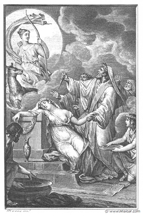 villenave02121.jpg - villenave02121: Sacrifice of Iphigenia. "Just as Iphigenia was standing before the altar ready to shed her innocent blood, the goddess was moved to pity and spread a cloud before their eyes." (Ov. Met. 12.30). Guillaume T. de Villenave, Les Métamorphoses d'Ovide (Paris, Didot 1806–07). Engravings after originals by Jean-Jacques François Le Barbier (1739–1826), Nicolas André Monsiau (1754–1837), and Jean-Michel Moreau (1741–1814).