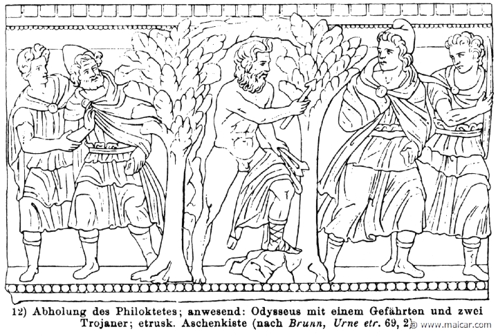 RIII.2-2338.jpg - RIII.2-2338: Odysseus with a companion, Philoctetes with the wounded foot, and two Trojans. Wilhelm Heinrich Roscher (Göttingen, 1845- Dresden, 1923), Ausfürliches Lexikon der griechisches und römisches Mythologie, 1884.