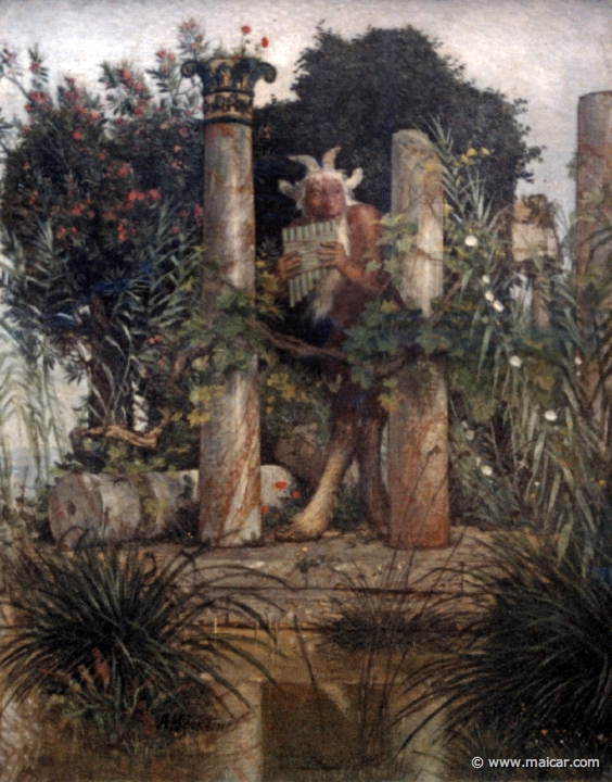 0109.jpg - 0109: A. Böcklin 1827-1901: Idylle (Pan, die Syrinx blasend) 1875. Neue Pinakotek, München.